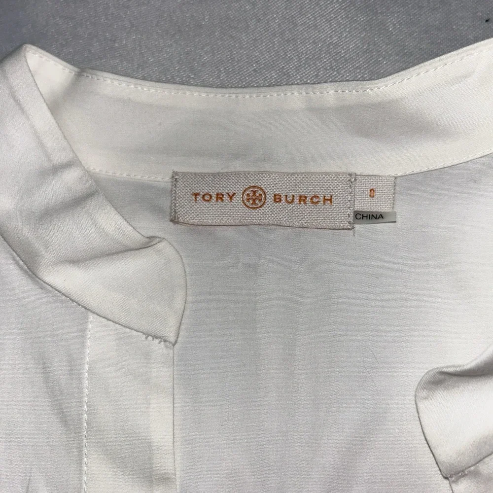 Tory Burch white poplin/red embroidery popover blouse, Size 0